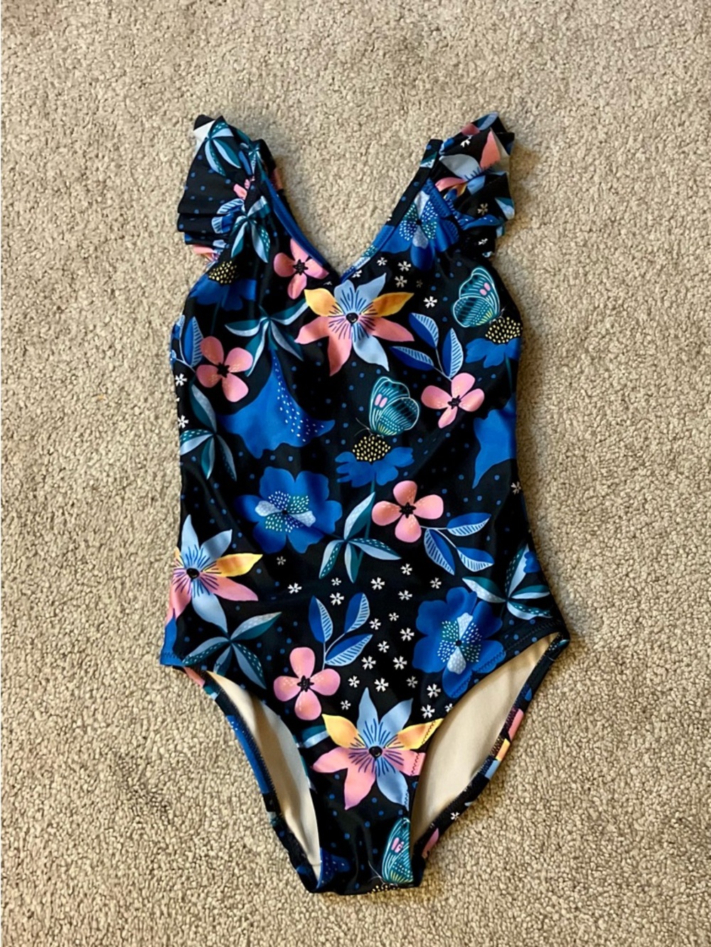 Tea Collection Ruffle One-Piece Swimsuit, Black/Multi - Size 8 (EUC)